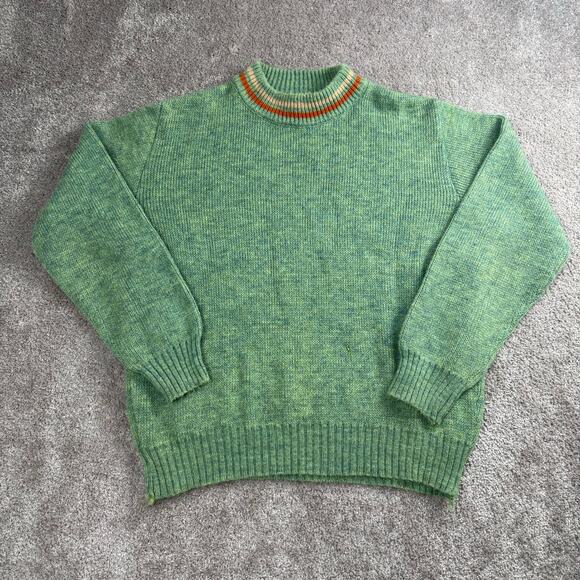 Vtg Green Knit Sweater Striped Collar Size L Golf-Style Dralon Retro Preppy 70s - Picture 1 of 5